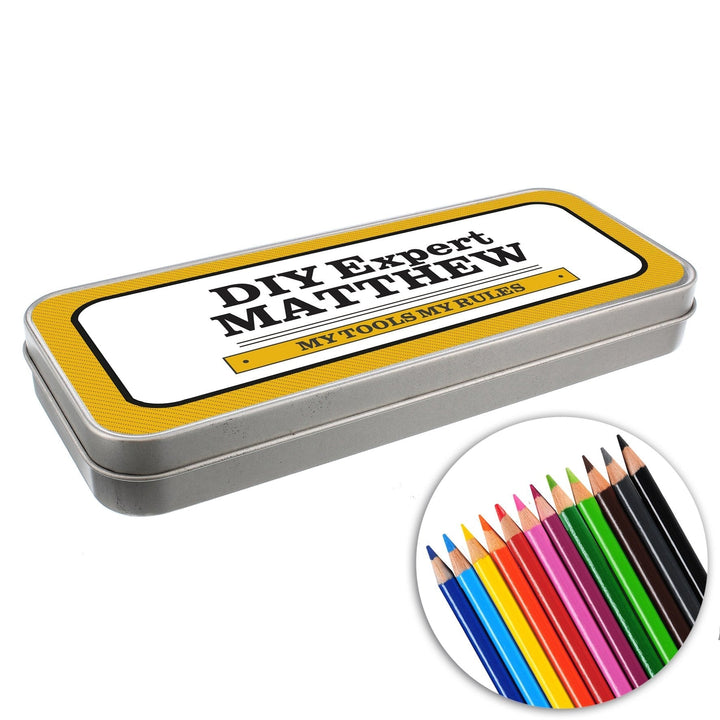 Personalised Man at Work Pencil Tin with Pencil Crayons
