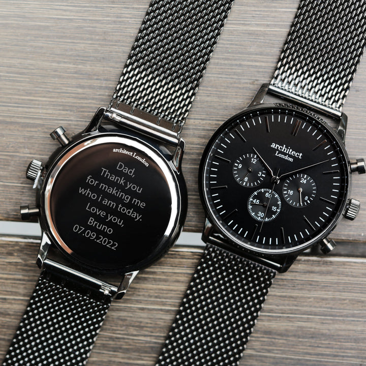 Personalised Men's Architect Motivator Watch In Black With Black Mesh Strap - Modern Font Engraved
