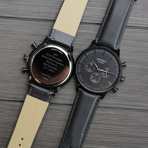 Personalised Men's Architect Motivator Watch In Black With Black Strap - Modern Font Engraved
