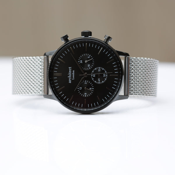 Personalised Men's Architect Motivator Watch In Black With Silver Mesh Strap - Modern Font Engraved