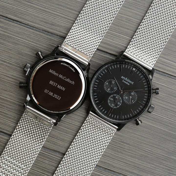 Personalised Men's Architect Motivator Watch In Black With Silver Mesh Strap - Modern Font Engraved