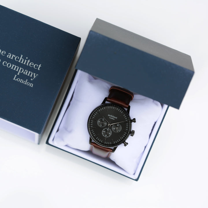 Personalised Men's Architect Motivator Watch In Black With Walnut Strap - Modern Font Engraved