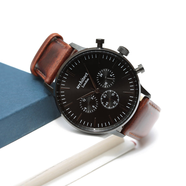 Personalised Men's Architect Motivator Watch In Black With Walnut Strap - Modern Font Engraved