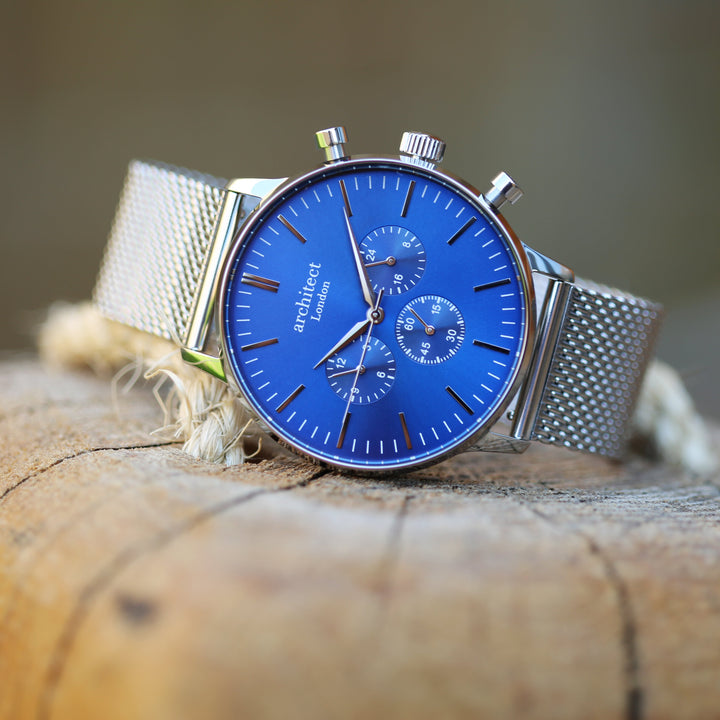 Personalised Men's Architect Motivator Watch In Blue With Silver Mesh Strap - Modern Font Engraved