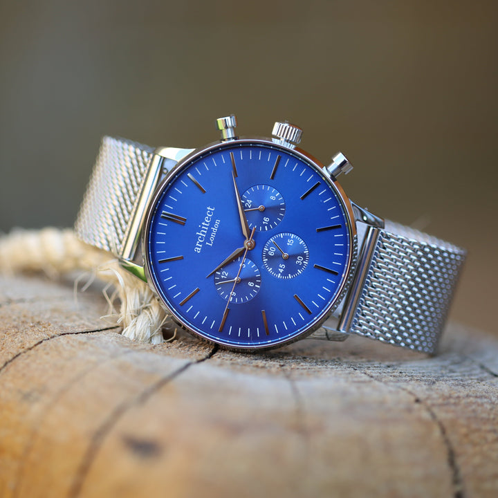 Personalised Men's Architect Motivator Watch In Blue With Silver Mesh Strap - Modern Font Engraved