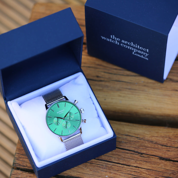 Personalised Men's Architect Motivator Watch In Envy Green With Silver Mesh Strap - Modern Font Engraved