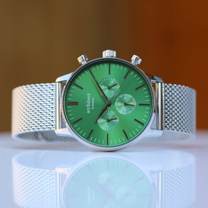 Personalised Men's Architect Motivator Watch In Envy Green With Silver Mesh Strap - Modern Font Engraved