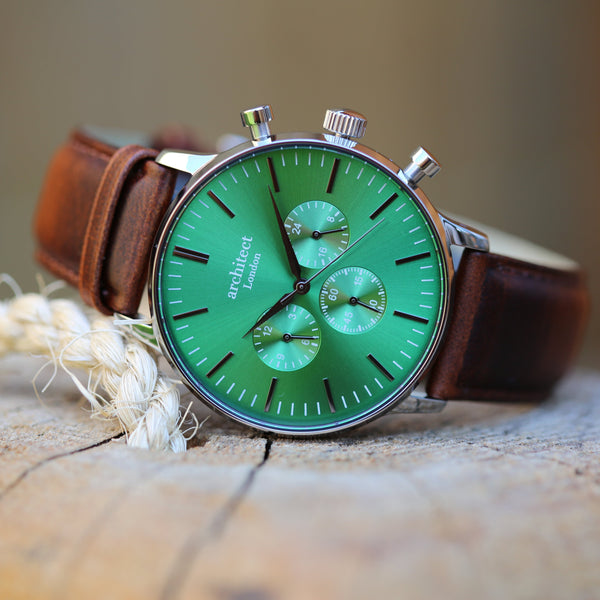 Personalised Men's Architect Motivator Watch In Envy Green With Walnut Strap - Modern Font Engraved