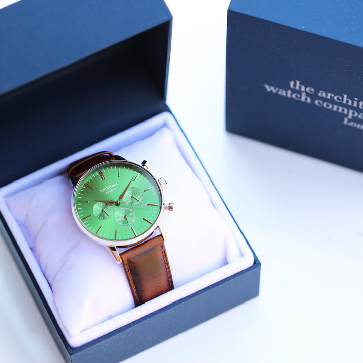 Personalised Men's Architect Motivator Watch In Envy Green With Walnut Strap - Modern Font Engraved