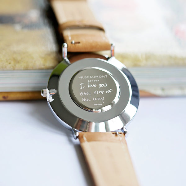 Personalised Mens 'Mr Beaumont' Watch With Own Handwriting Engraving - In Tan Colour