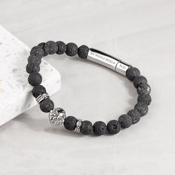 Personalised Men's Silver Lion Black Beaded Bracelet