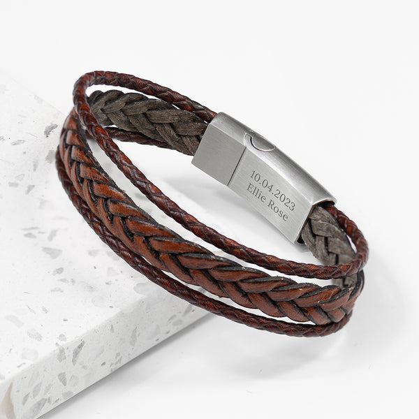Personalised Men's Woven Layered Brown Leather Bracelet