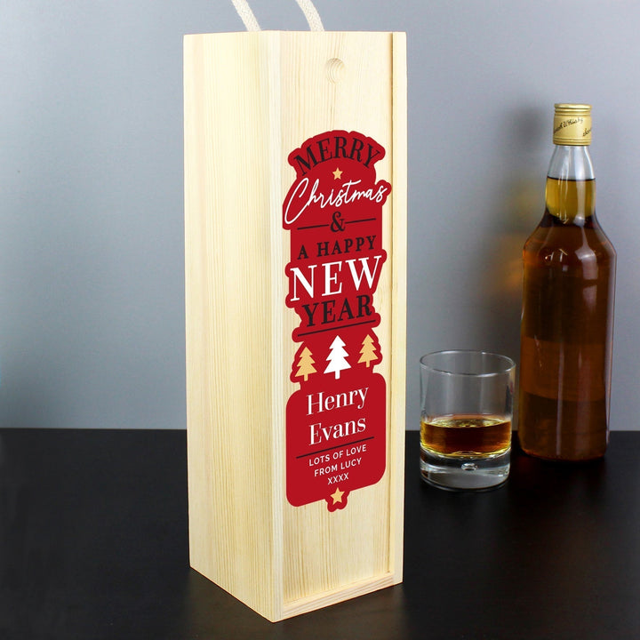 Personalised Merry Christmas & A Happy New Year Wooden Bottle Box