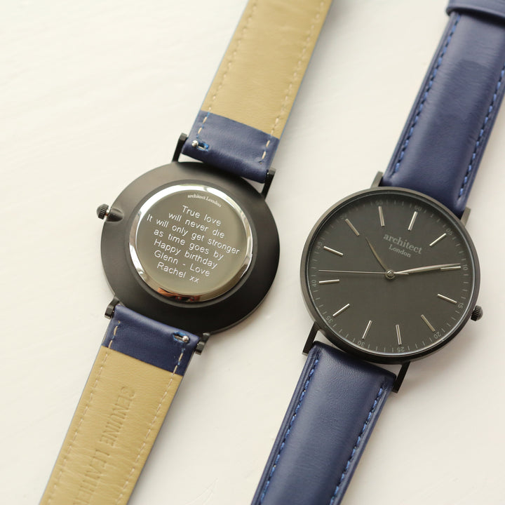 Personalised Modern Font Engraved Men's Minimalist Watch + Admiral Blue Strap
