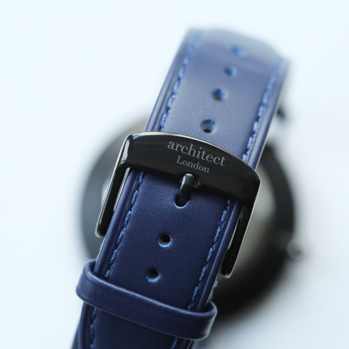 Personalised Modern Font Engraved Men's Minimalist Watch + Admiral Blue Strap