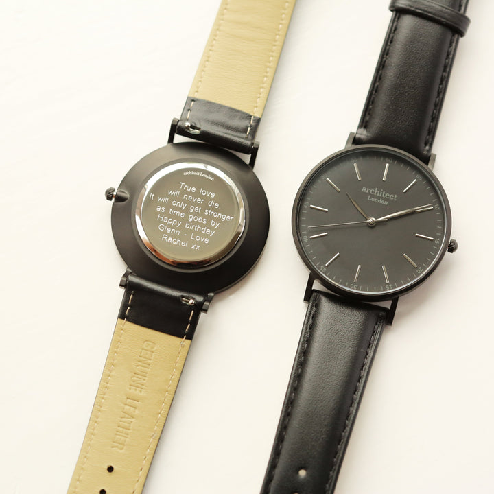 Personalised Modern Font Engraved Men's Minimalist Watch + Jet Black Strap