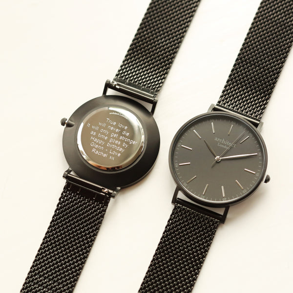Personalised Modern Font Engraved Men's Minimalist Watch + Pitch Black Mesh Strap