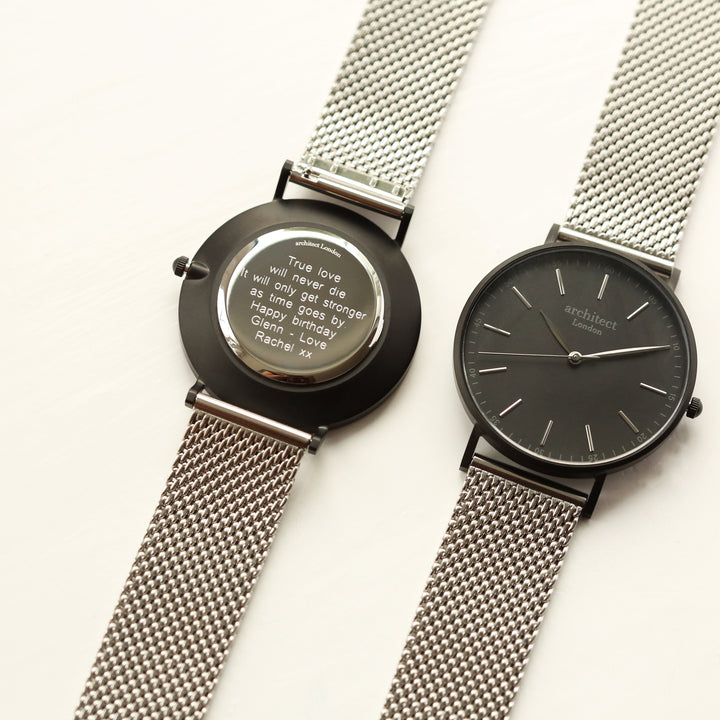 Personalised Modern Font Engraved Men's Minimalist Watch + Steel Silver Mesh Strap