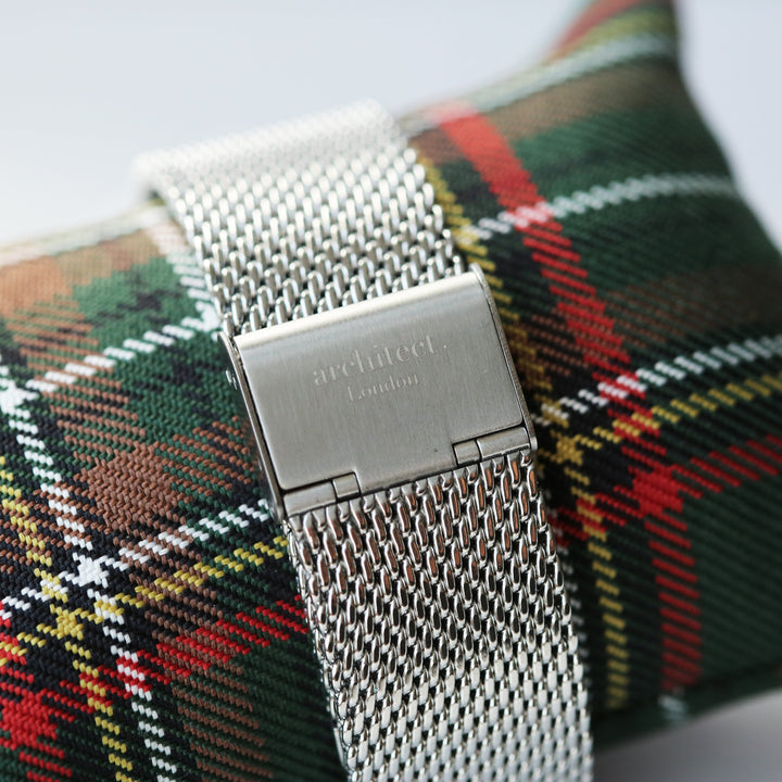 Personalised Modern Font Engraved Men's Minimalist Watch + Steel Silver Mesh Strap