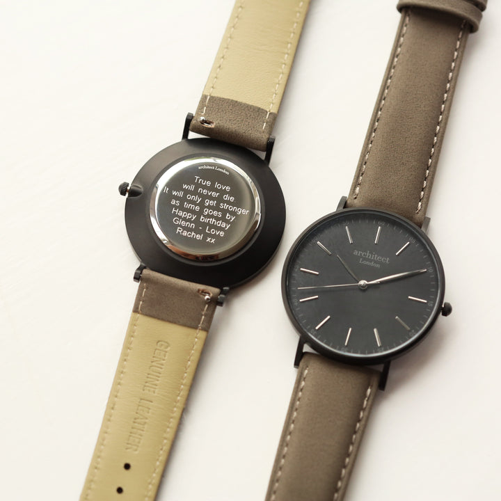 Personalised Modern Font Engraved Men's Minimalist Watch + Urban Grey Strap