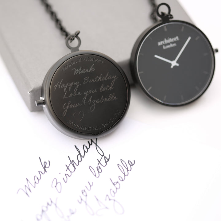Personalised Modern Pocket Watch Black Handwriting Engraved