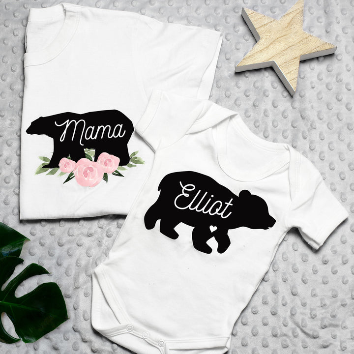Personalised Mother & Baby Mama Bear T-Shirt And Vest Set (Small & 0-3mths)