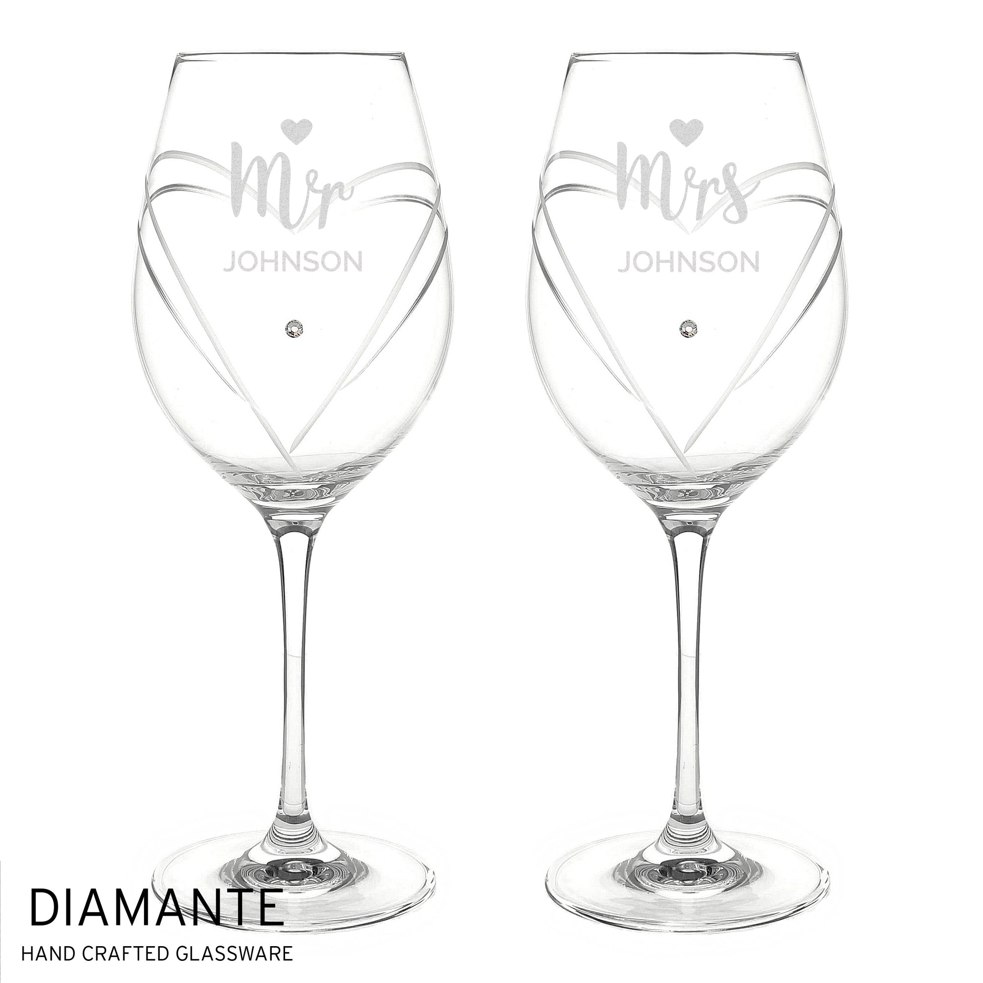 Personalised Mr & Mrs Hand Cut Heart Pattern Pair of Wine Glasses