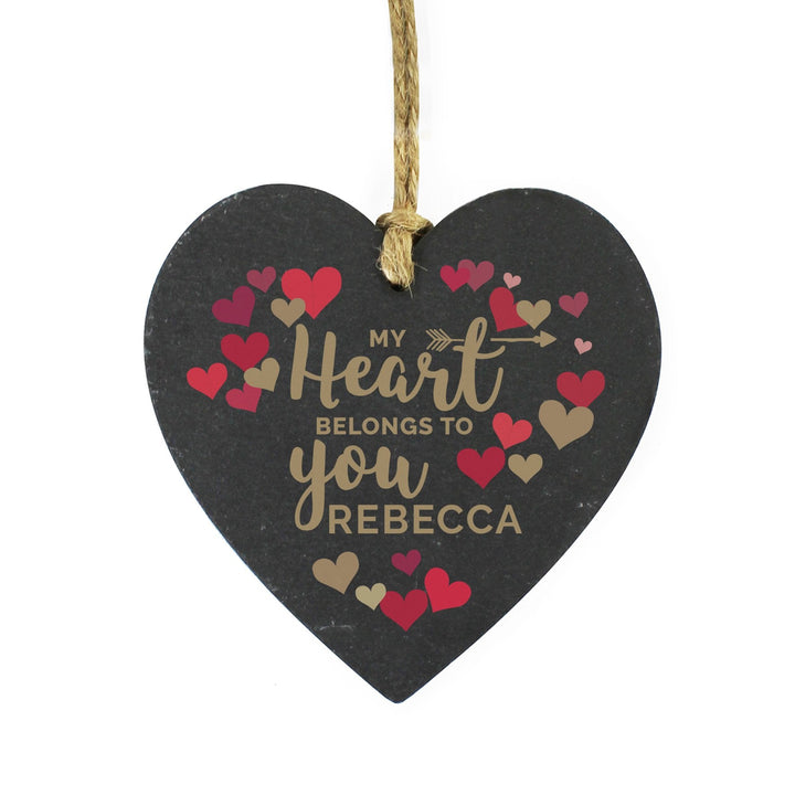 Personalised 'My Heart Belongs To You' Confetti Hearts Printed Slate Heart Decoration