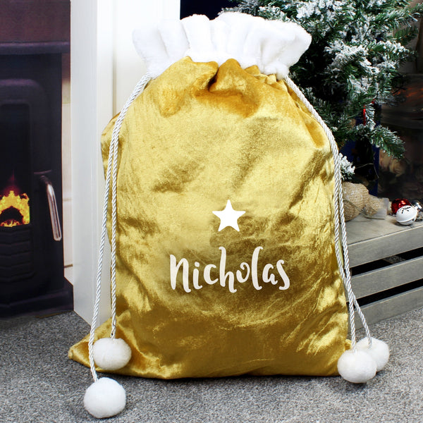 Personalised Name Only Gold Luxury Pom Pom Children's Christmas Sack