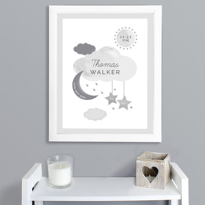 Personalised New Baby Moon & Stars White Framed Print
