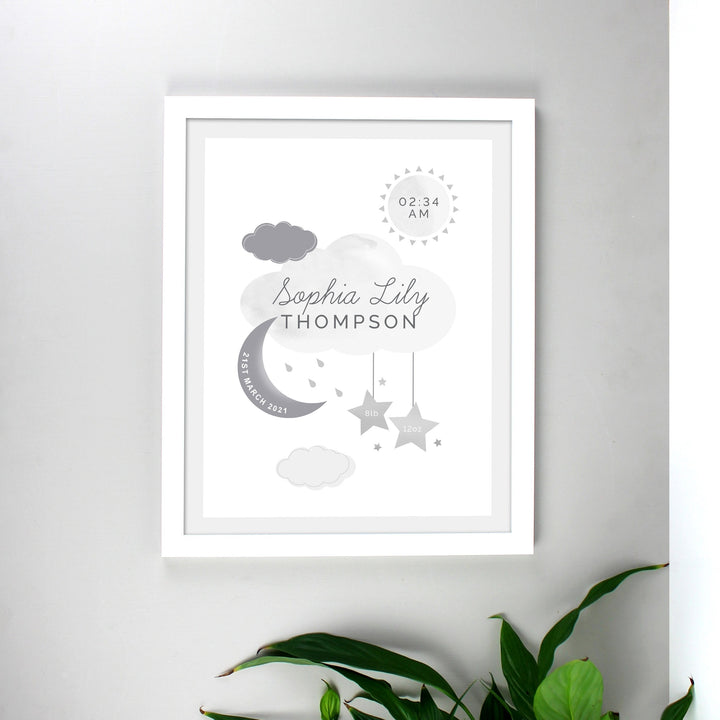 Personalised New Baby Moon & Stars White Framed Print