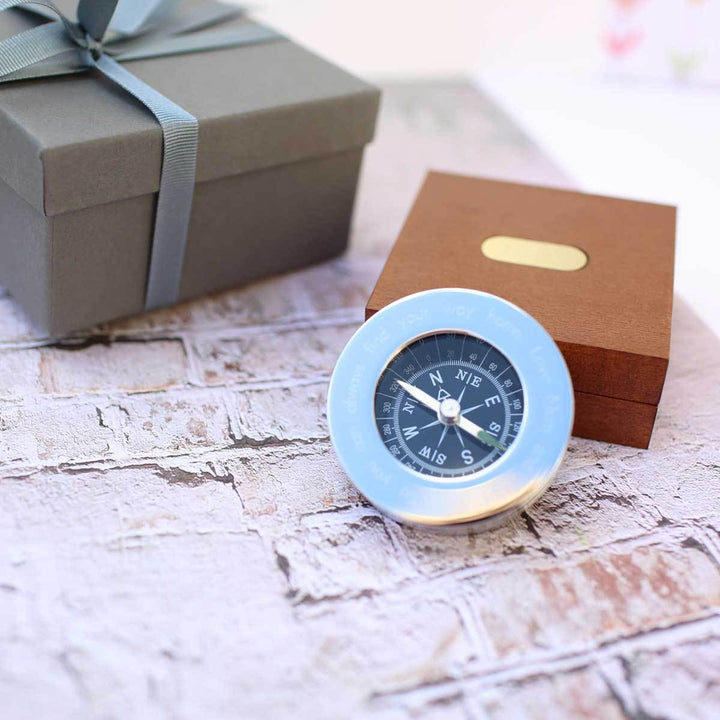 Personalised Own Handwriting Compass with Timber Box Silver Chrome