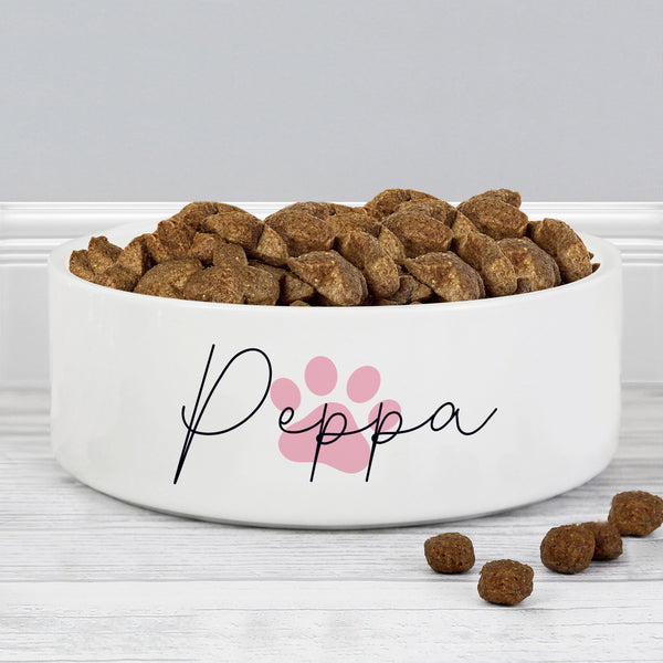 Personalised Pink Pawprint Name 14cm Medium Pet Bowl For Dogs And Cats