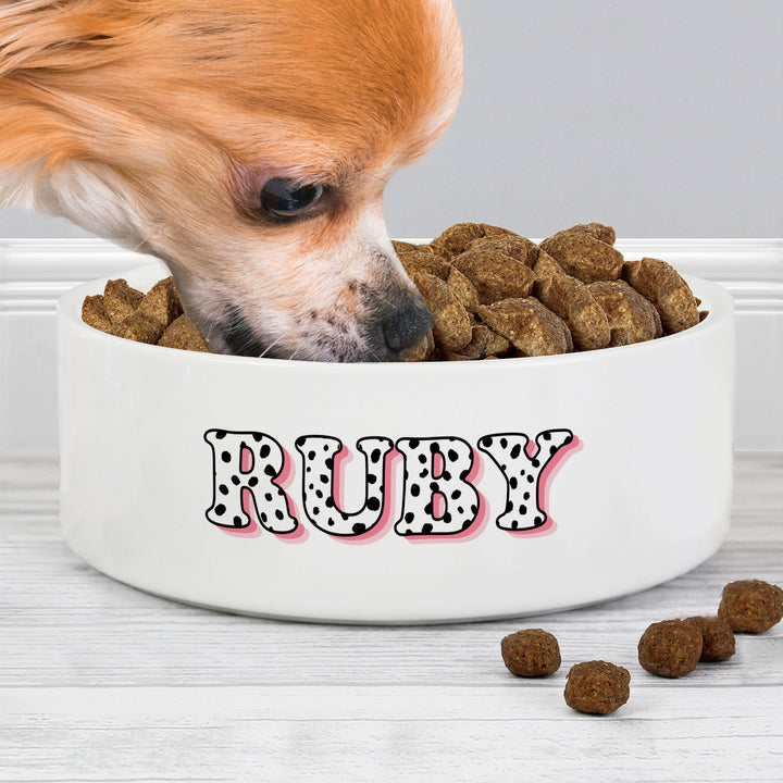Personalised Pink Spots Name 14cm Medium Pet Bowl For Dogs And Cats