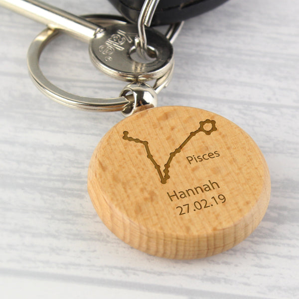 Personalised Pisces Zodiac Star Sign Wooden Keyring (February 19th - March 20th)