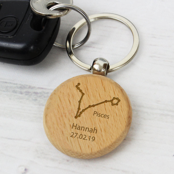 Personalised Pisces Zodiac Star Sign Wooden Keyring (February 19th - March 20th)