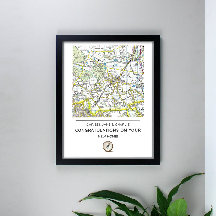 Personalised Present Day Map Compass Black Framed Print