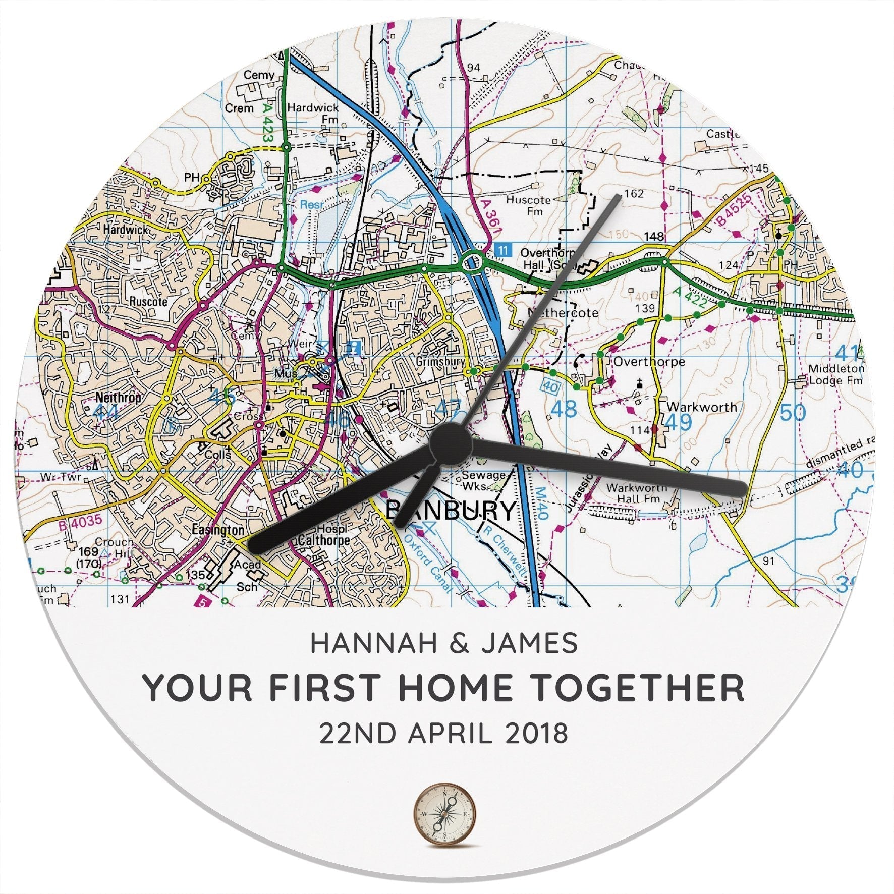 Personalised Present Day Map Compass Wooden Clock