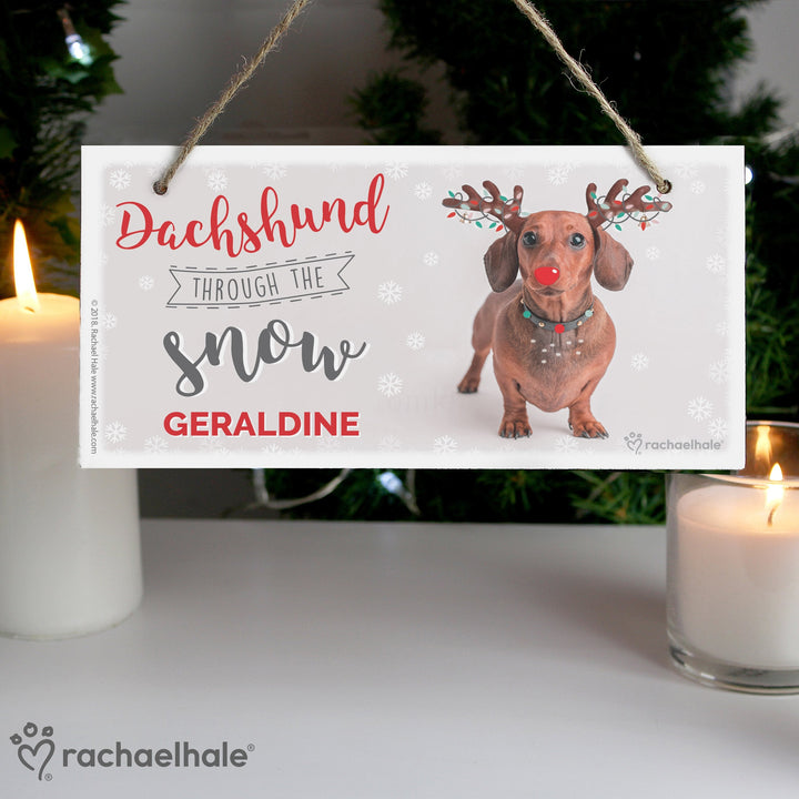Personalised Rachael Hale Christmas Dachshund Through the Snow Wooden Sign