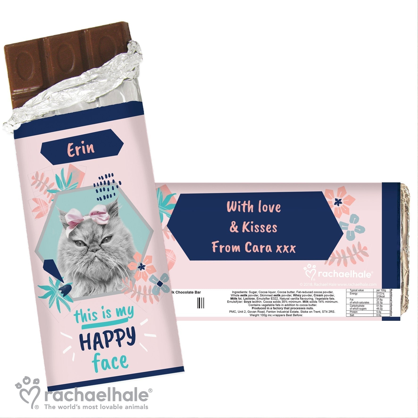 Personalised Rachael Hale 'Happy Face' Cat Chocolate Bar