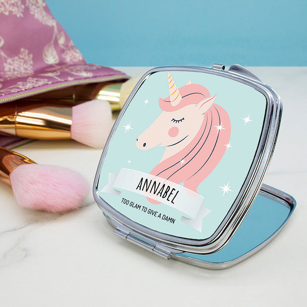 Personalised Sparkle Squad Square Blue Compact Mirror