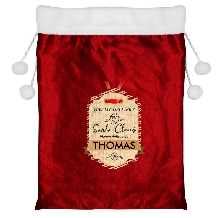 Personalised Special Delivery Luxury Pom Pom Red Children's Christmas Sack