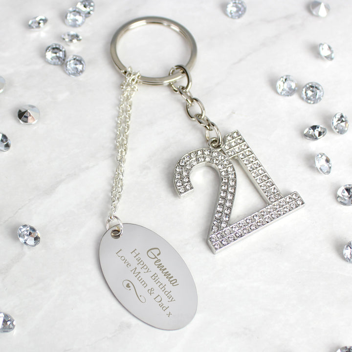 Personalised Swirls Hearts Diamante 21 Keyring Personalised