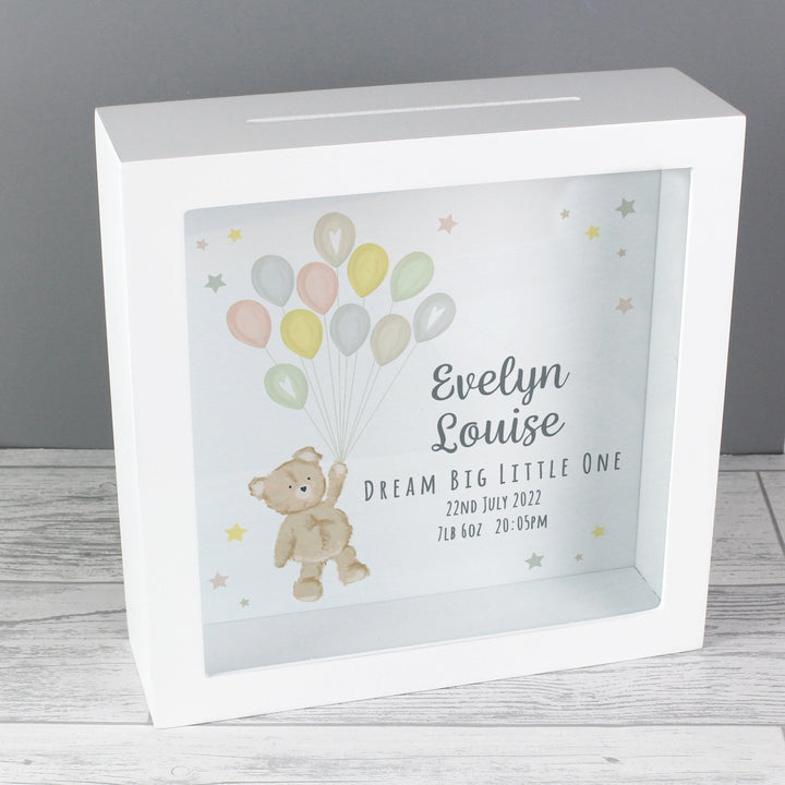 Personalised Teddy & Balloons Money Funds Savings Box