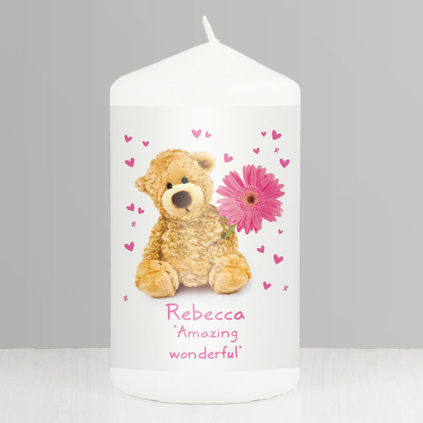 Personalised Teddy Flower Pillar Candle