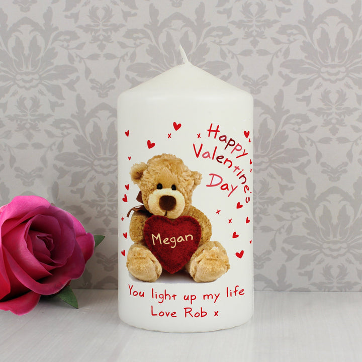 Personalised Teddy Heart Pillar Candle