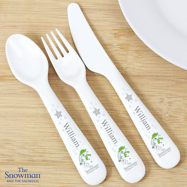 Personalised The Snowman and the Snowdog 3 Piece Plastic Cutlery Set
