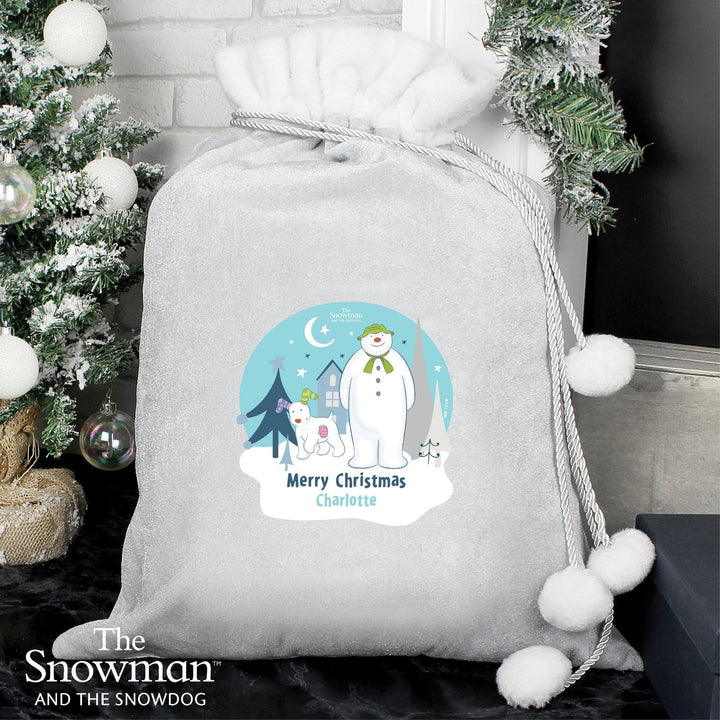 Personalised The Snowman and the Snowdog Luxury Silver Grey Pom Pom Children's Christmas Sack