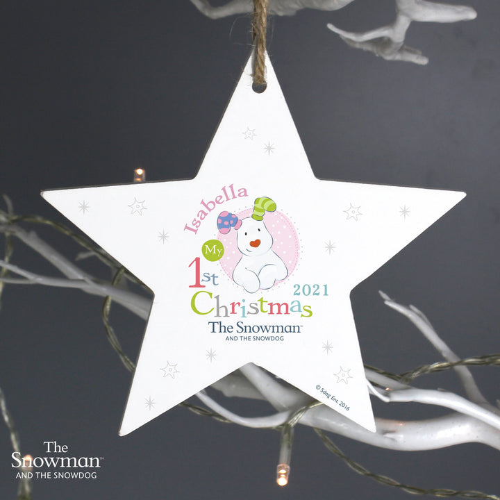 Personalised The Snowman and the Snowdog My 1st Christmas Pink Wooden Star Decoration
