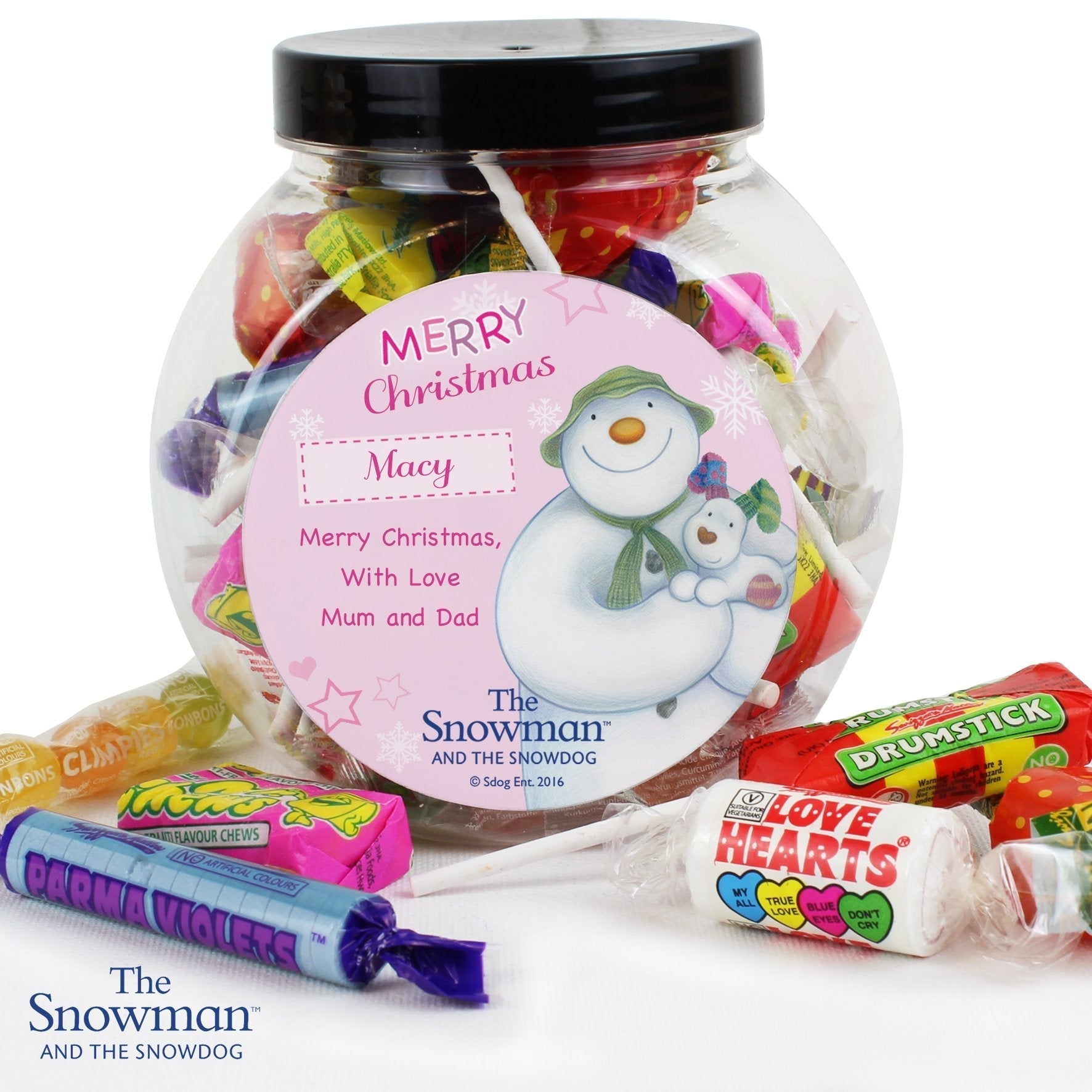 Personalised The Snowman and the Snowdog Pink Sweet Jar